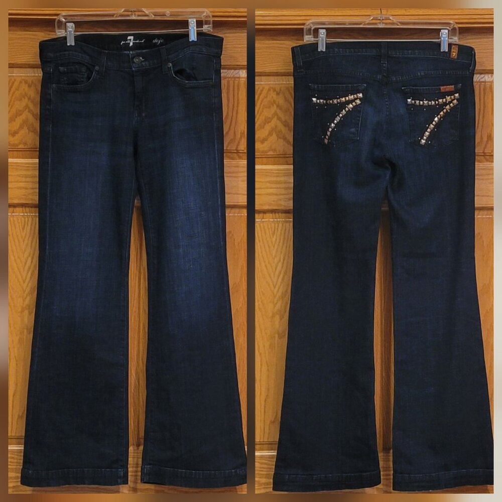 7 For All Mankind DOJO Dark Wash Flare Leg Jeans with Gold Studded Pockets Sz 30 - Picture 15 of 16